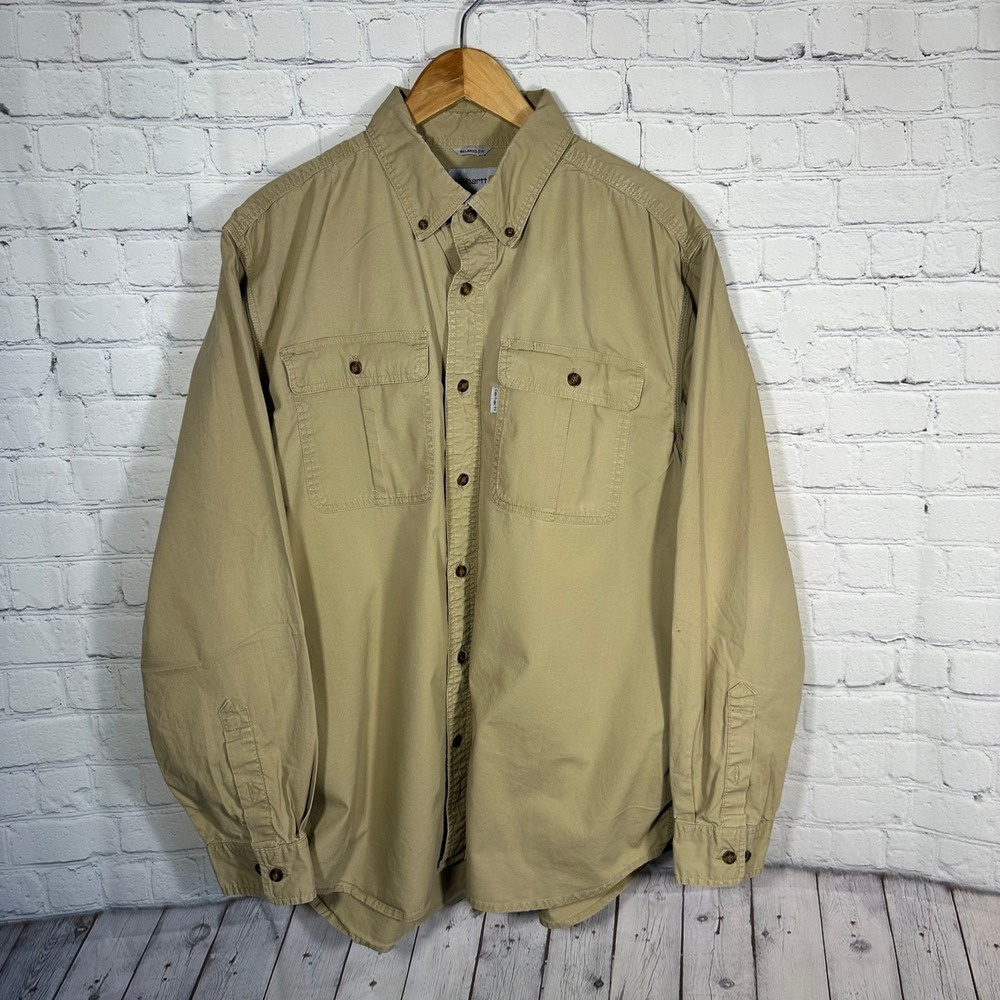 Carhartt Rugged Flex Mens Relaxed Fit Long Sleeve Button Down Work Shirt Khaki L